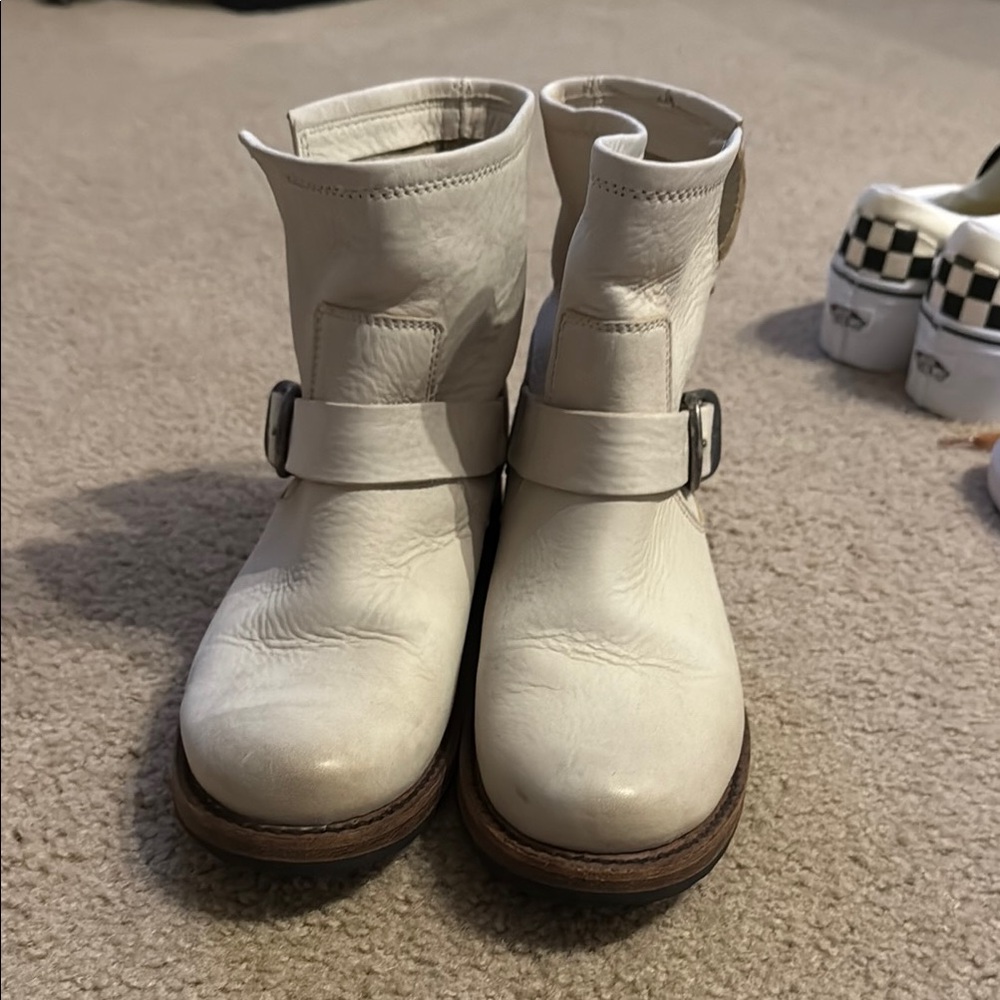 Cream Leather Buckle Ankle Boots